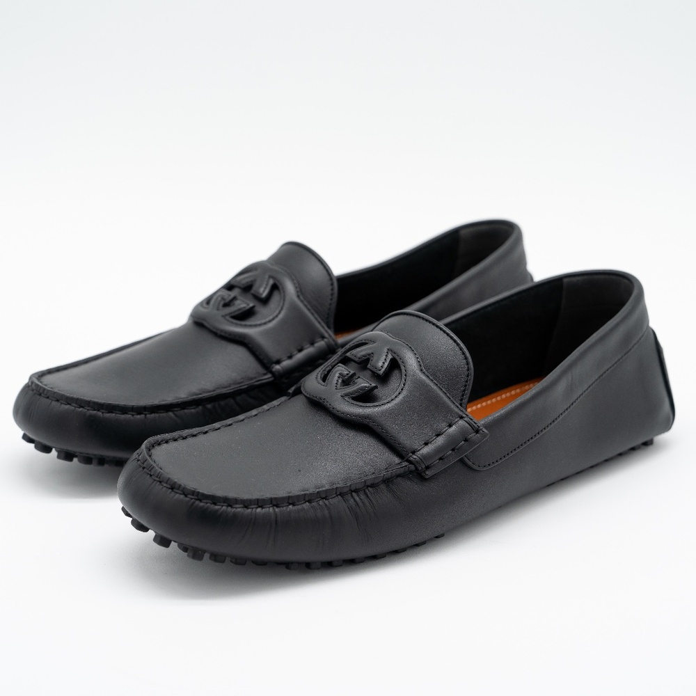 size 13G 13.5 US Gucci GG Leather Moccasin Driver Black Loafers Leather Cut Out - Picture 1 of 11